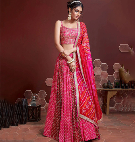 Pink & White Embellished Thread Work Semi-Stitched Lehenga & Unstitched Blouse With Dupatta